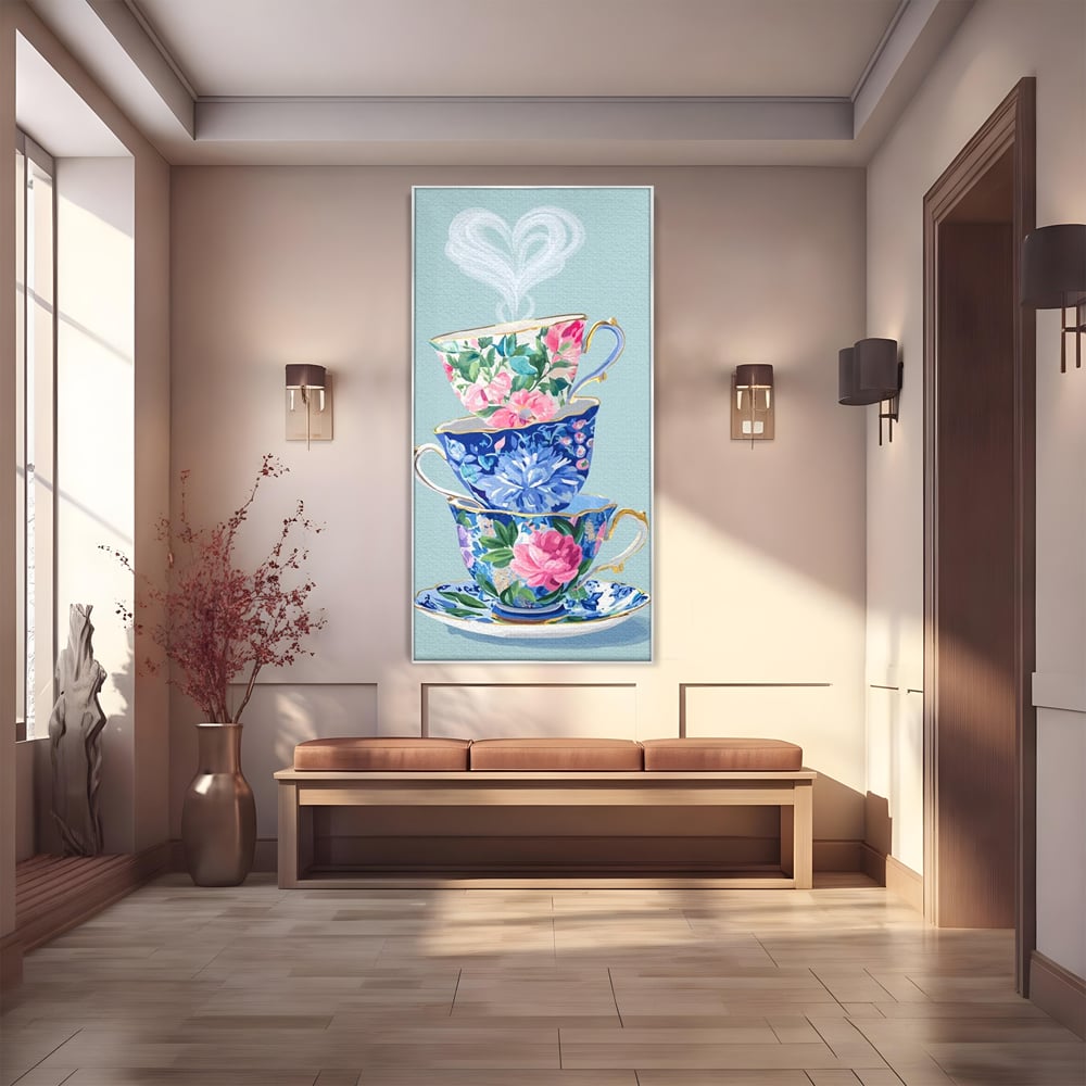 Tablou canvas cu pictura cu stiva de cesti de ceai, in rama de aluminiu argintiu